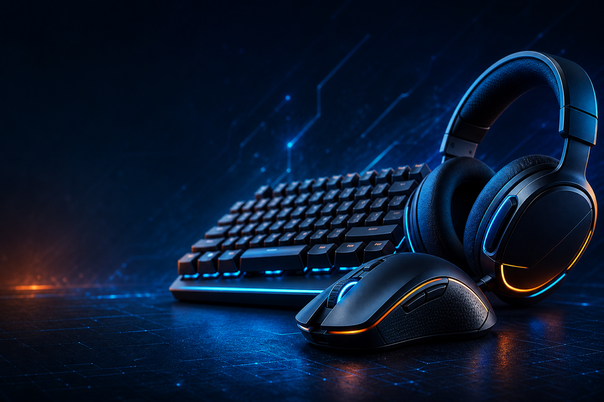 Teclado, mouse e headset para o setup