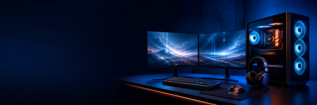 Setup de tecnologia InfoStore com computadores e monitores