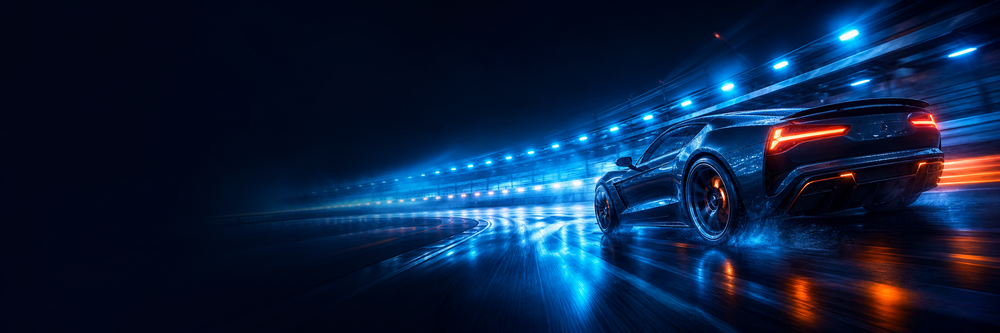 Carro esportivo em pista noturna azul e laranja