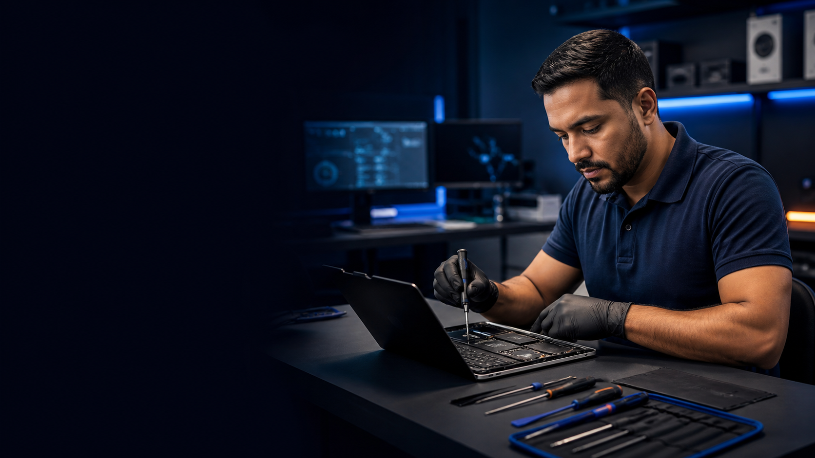 Técnico reparando um notebook em uma bancada de assistência técnica em Salvador