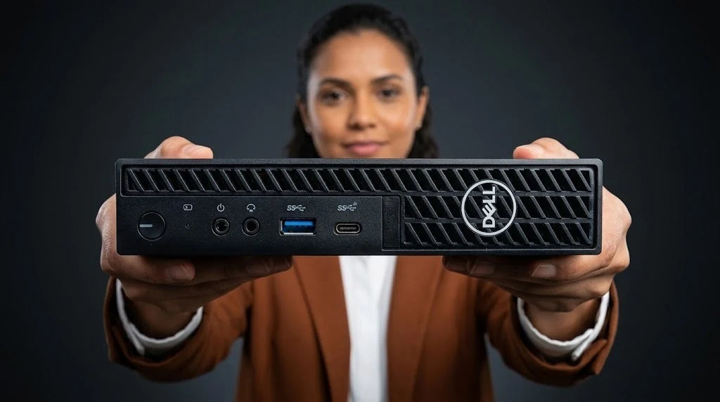 Equipe apresentando computador compacto para locação corporativa