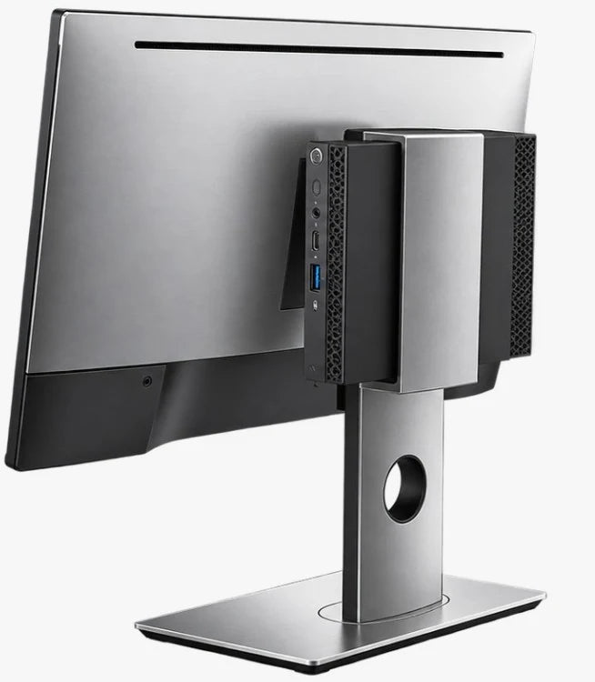 Computador compacto instalado atrás de monitor corporativo